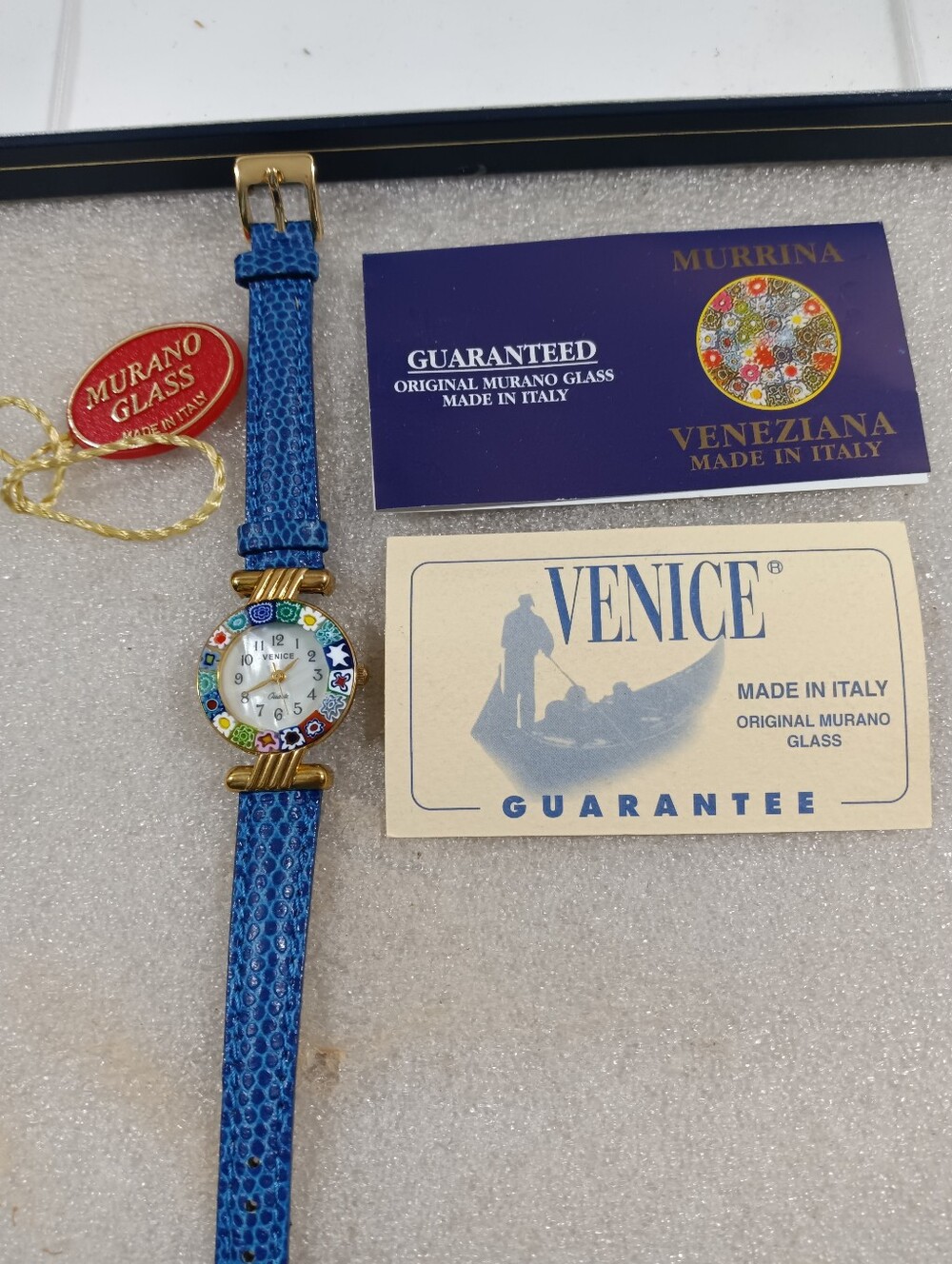 Venice Murano Millefiori Floral Glass Gold Tone Blue Leather Band Women's Watch